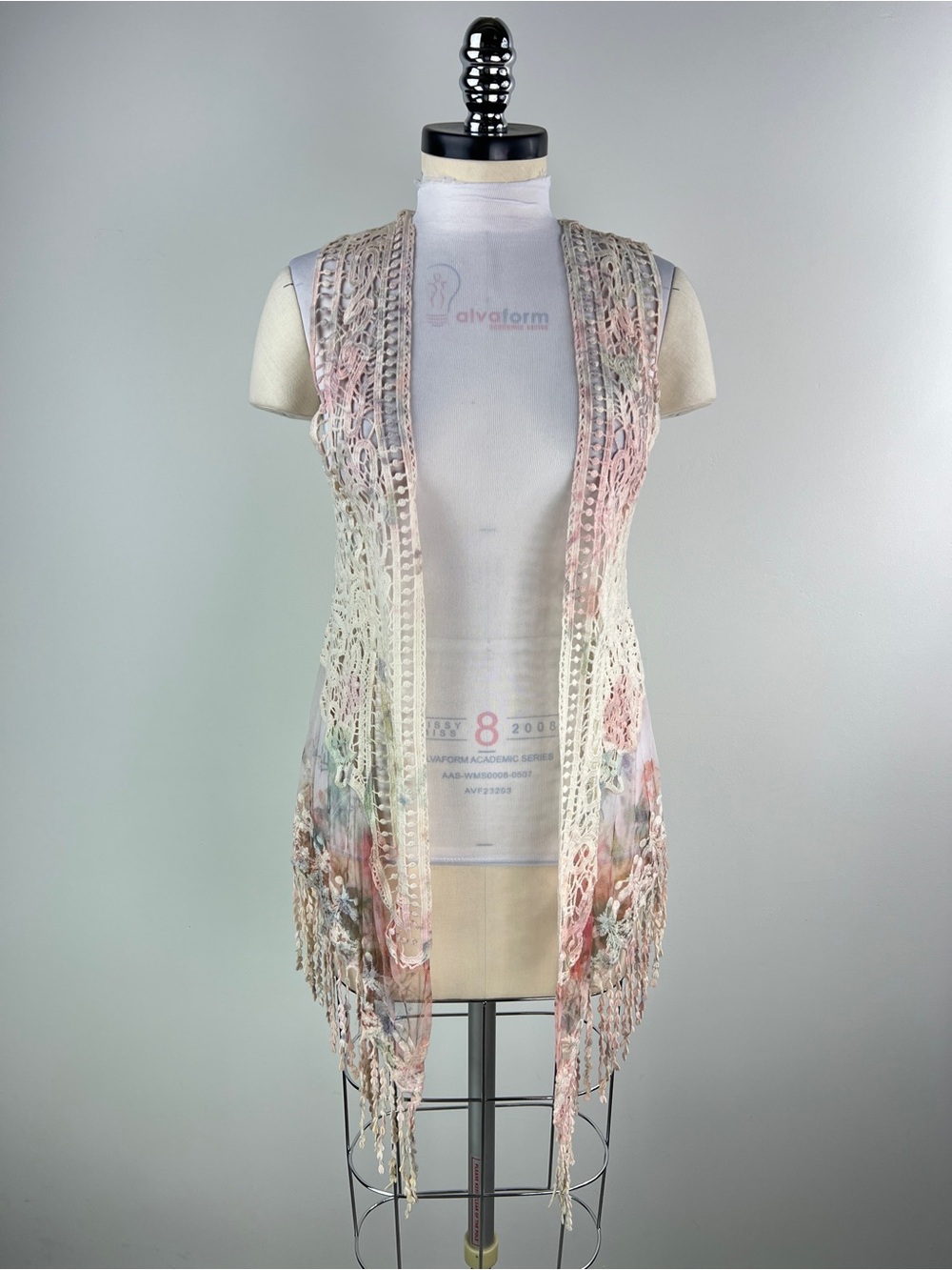 💚 3559. Crochet Fringe Open Vest - Pastel Floral